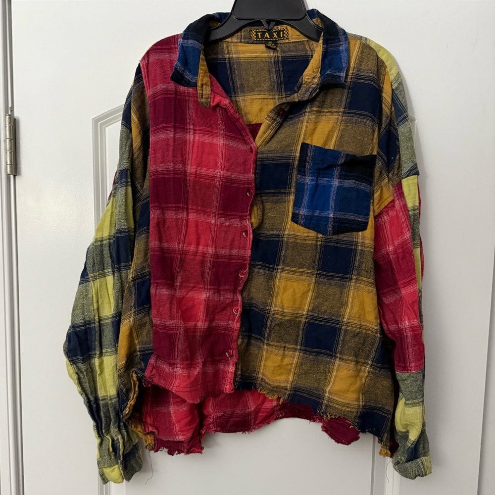Taxi Vintage Grunge 80s Plaid button up flannel pink, yellow, blue EUC - Picture 2 of 10
